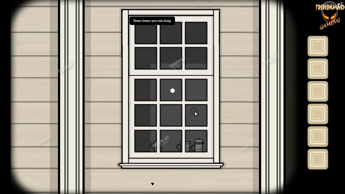 First tin cup visible in a dark pane of the house window